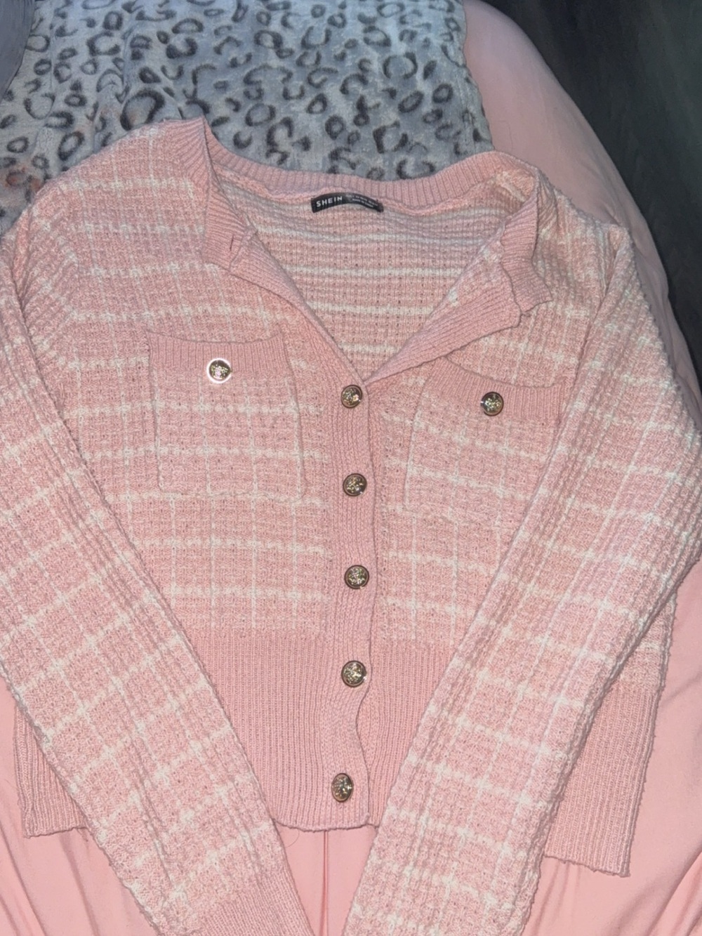 SHEIN Pink Plaid Collared Button Cardigan